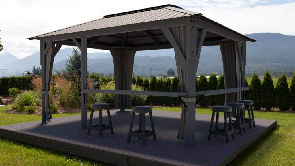 Interior perspective taken from beneath the Aluna gazebo looking upward. The semi-transparent polycarbonate roof panels are laid side-by-side across the flat upper frame, supported by slim dark-coloured beams. Sunlight filters through evenly, illuminating the sheltered area while maintaining protection from direct glare.