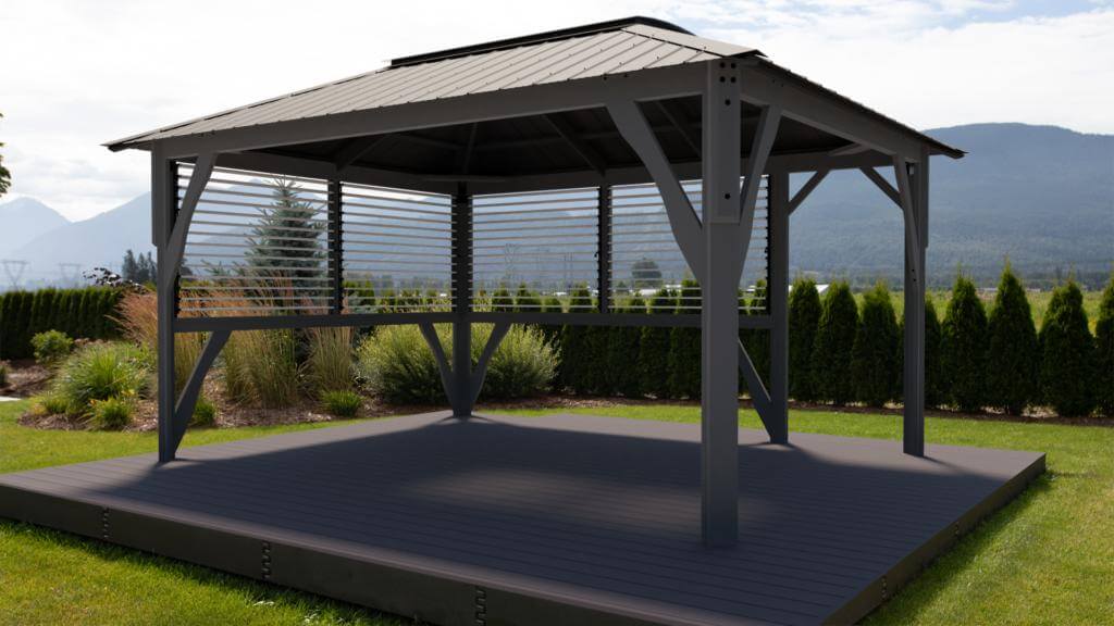 High angled exterior view of the Aluna gazebo showing the full roof structure. The flat square roof is made of multiple translucent panels aligned in parallel strips, supported by slim crossbeams. Four sturdy vertical posts stand at each corner, anchoring the roof into place. The image highlights the clean geometry and symmetry of the gazebo when viewed from above and slightly to the side.