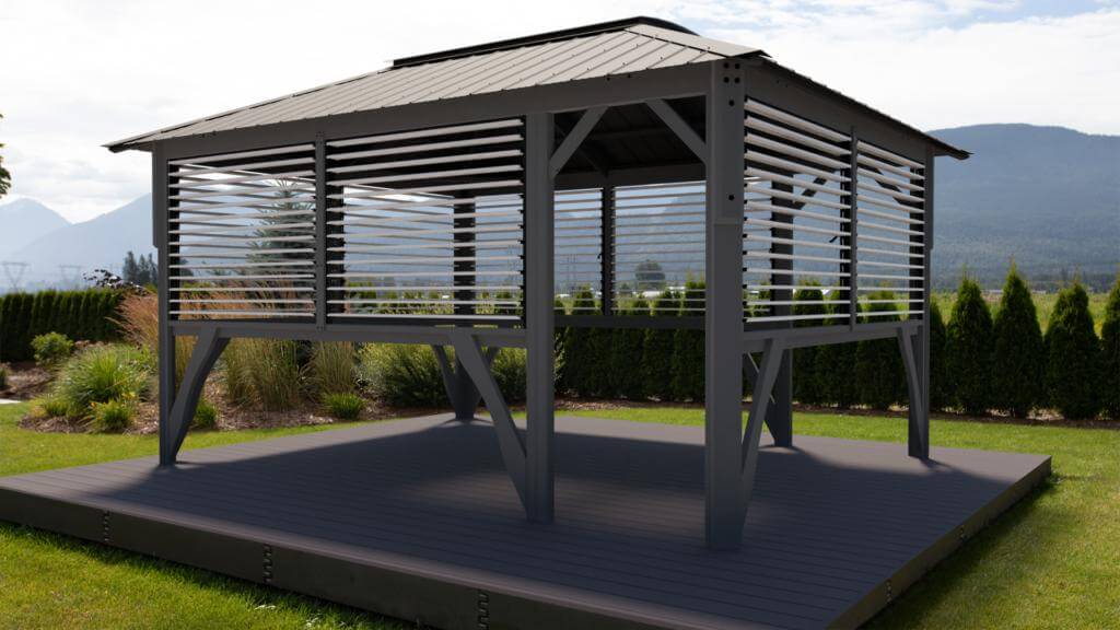 Close exterior perspective of the Aluna gazebo’s roofline viewed from below at an angle. The flat roof panels appear semi-transparent, allowing diffused sunlight through, while slim supporting beams create a modern linear pattern overhead. The foreground shows part of the gazebo’s dark corner post, contrasting with the bright sky above, emphasising both structure and material detail.