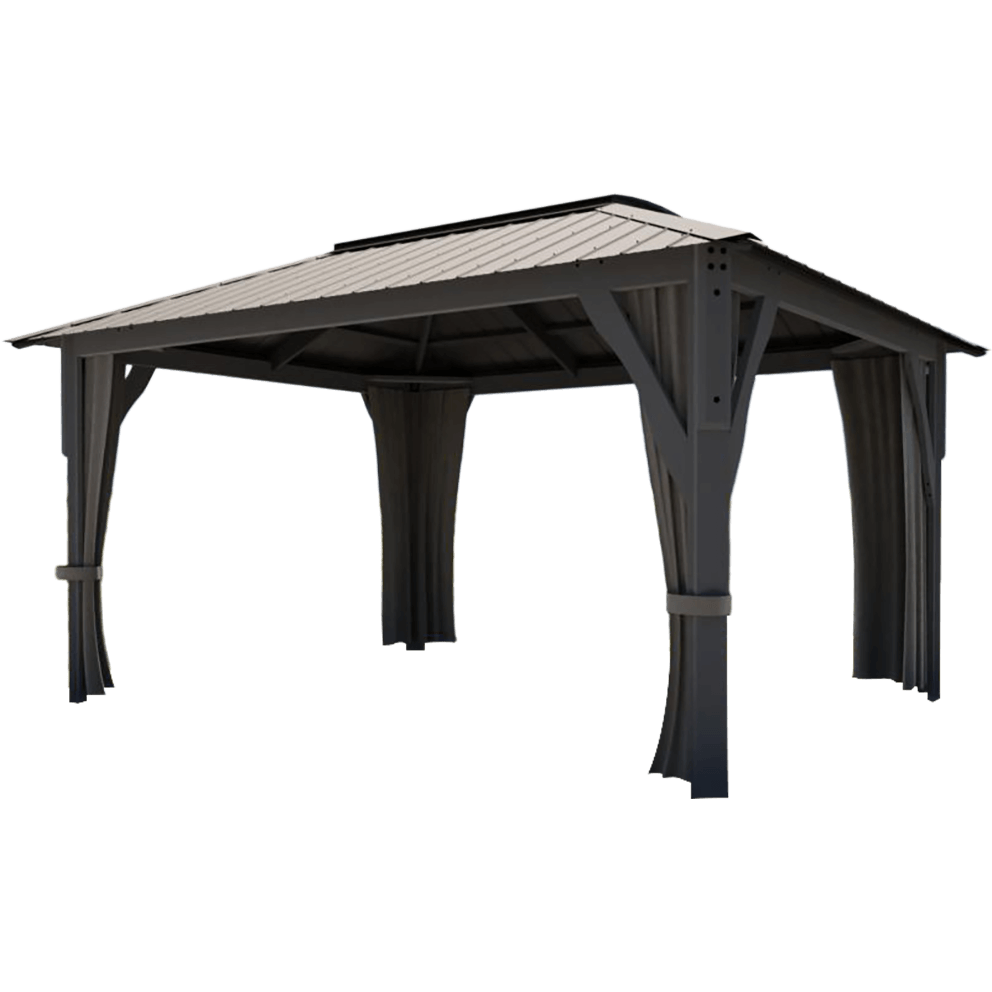 Front elevation view of the Aluna gazebo, a modern square outdoor structure with four robust vertical support posts at each corner, slim upper crossbeams forming a flat rectangular roofline, and translucent roof panels that provide shade while allowing natural light through. The design highlights clean architectural lines with no decorative embellishments, emphasising a minimalist, contemporary style suitable for patios or hot tub coverage.