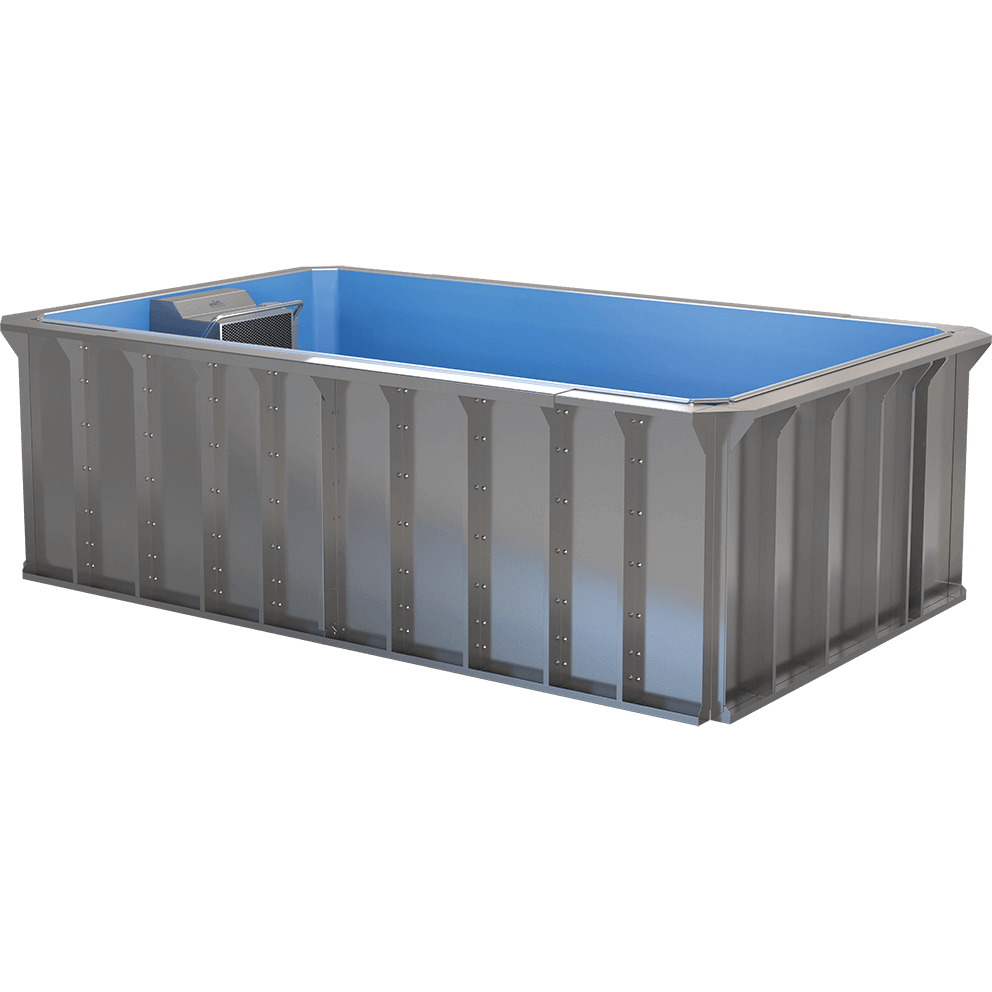 Front angled exterior view of the Endless Pools EP207 Modular Pool, showcasing its compact 7-foot by 12-foot rectangular design with industrial-grade, silver-grey modular wall panels reinforced by vertical steel support ribs. The pool interior features a smooth, bright blue liner, and the Hydrodrive™ propulsion unit is visible at one end, enclosed in a sleek stainless steel housing.