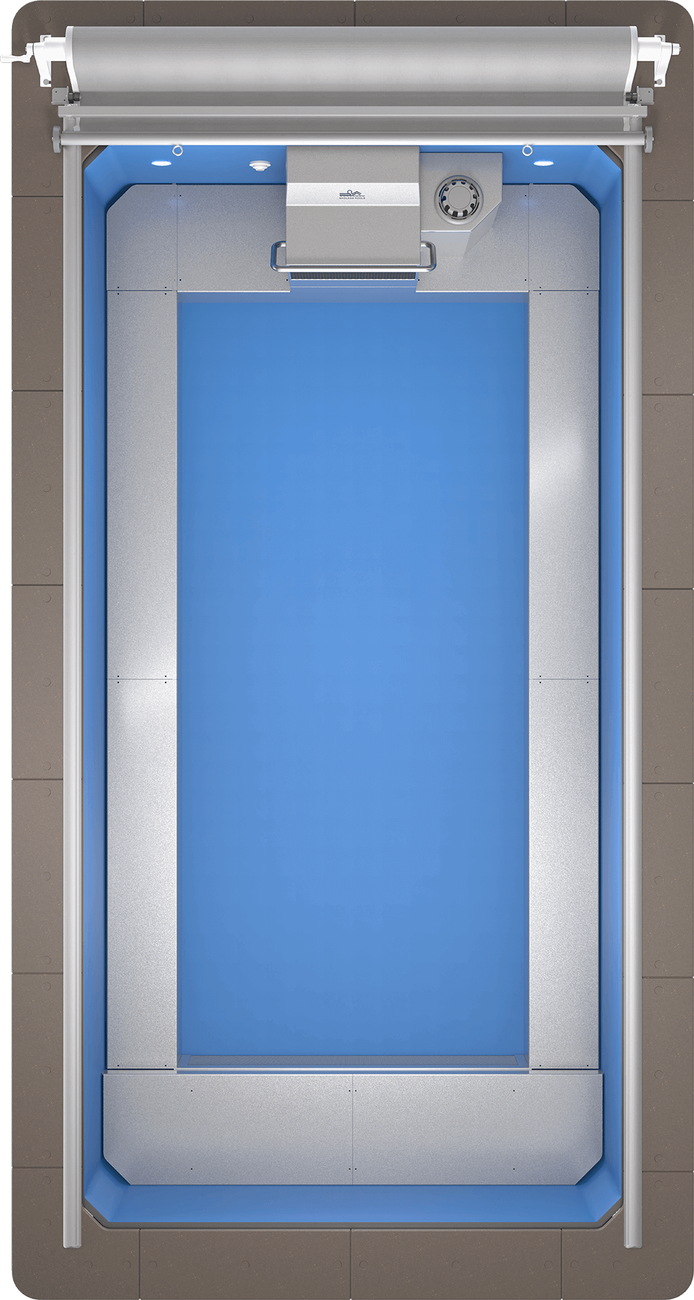 Direct overhead top view of the Endless Pools EP407 Modular Pool, clearly showing the rectangular bright blue swim area surrounded by a silver metallic coping border. At the top centre, the Hydrodrive™ propulsion system housing is positioned slightly forward from the back wall, with its outlet grille facing the swim lane. A large circular current control dial is mounted to the right of the housing. Two recessed LED lights are positioned symmetrically in the top corners near the coping edge, while a ceiling-mounted hook and sensor are visible above the propulsion unit. The rolled-up silver automatic pool cover spans the entire pool width at the top, with its housing mounted between two guide rails. The swim lane occupies the majority of the pool length, with metallic corner panels creating a streamlined shape.