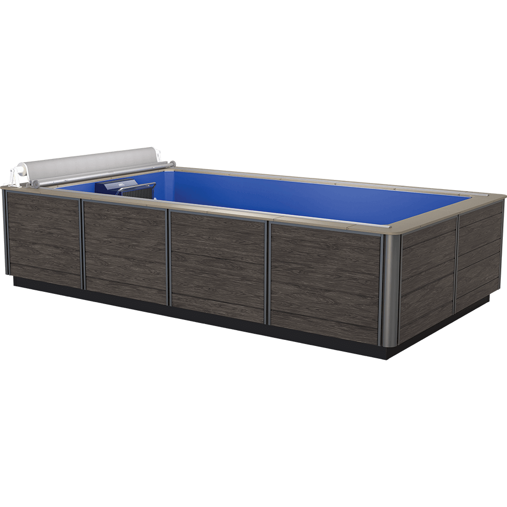 Endless Pools EP508 Plus Modular Pool shown in an angled front-side isometric view, featuring a modern black wood-grain exterior cabinet with horizontal panel sections framed by slim vertical silver trim, and a bright blue interior shell. The Hydrodrive Plus propulsion unit is mounted at one short end beneath a stainless-steel front grille, with an integrated roll-up pool cover mechanism above it. The top coping is a smooth, light-stone colour, creating a clean contrast with the cabinet and pool interior.