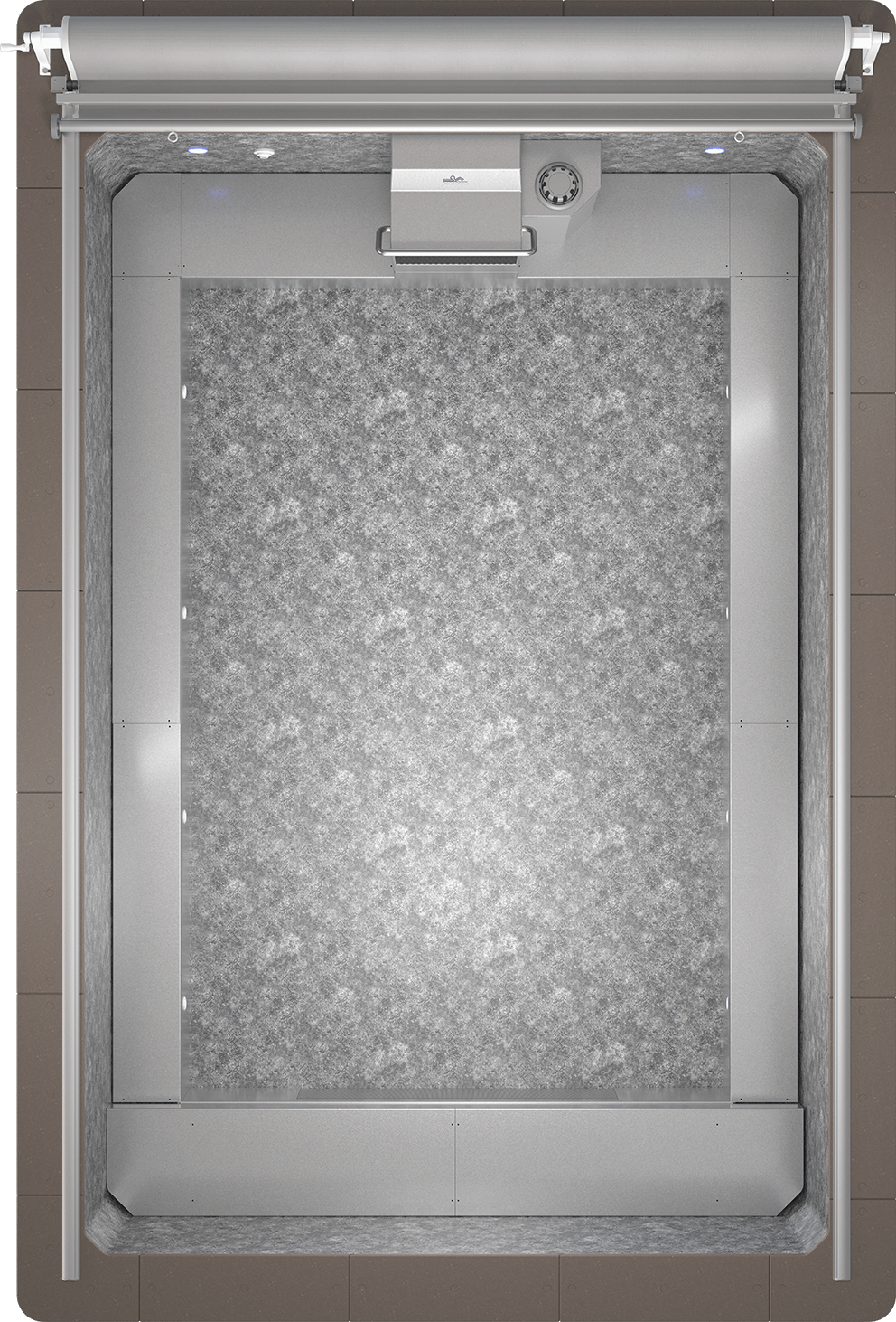 Top-down view of the Endless Pools EP510 Modular Pool, revealing the full 10' x 15' swim area with a patterned grey marbled liner, wide entry step ledges running along the longer sides, and the Hydrodrive™ swim current unit mounted at the head end beneath the retracted cover. Two LED underwater lights flank the current system, evenly illuminating the swim space.