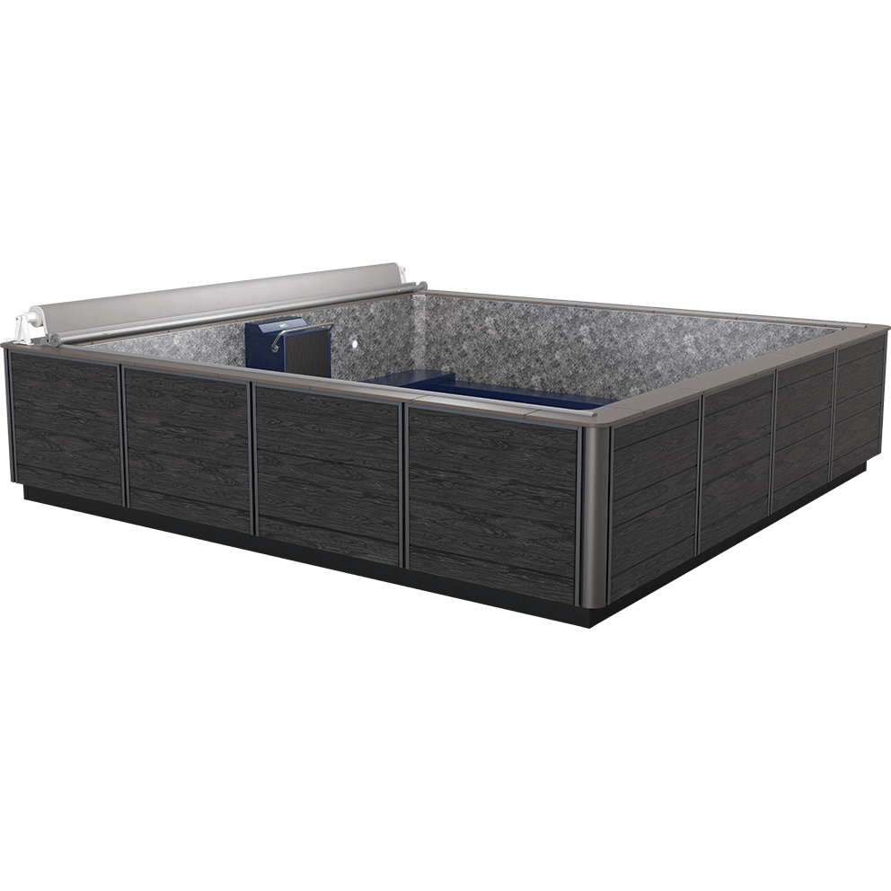 Front angled view of the Endless Pools EP515 Plus Modular Pool, showing its large 15-foot by 15-foot square swim area surrounded by a sleek black composite modular cabinet exterior with a realistic wood-grain texture and silver corner trims. The interior features a light grey textured liner with deep blue bench seating running along all four walls. The front swim current housing is centrally mounted on one wall and equipped with Hydrodrive Plus Technology for smooth, adjustable resistance. A partially retracted slatted safety cover is mounted above the swim current unit.