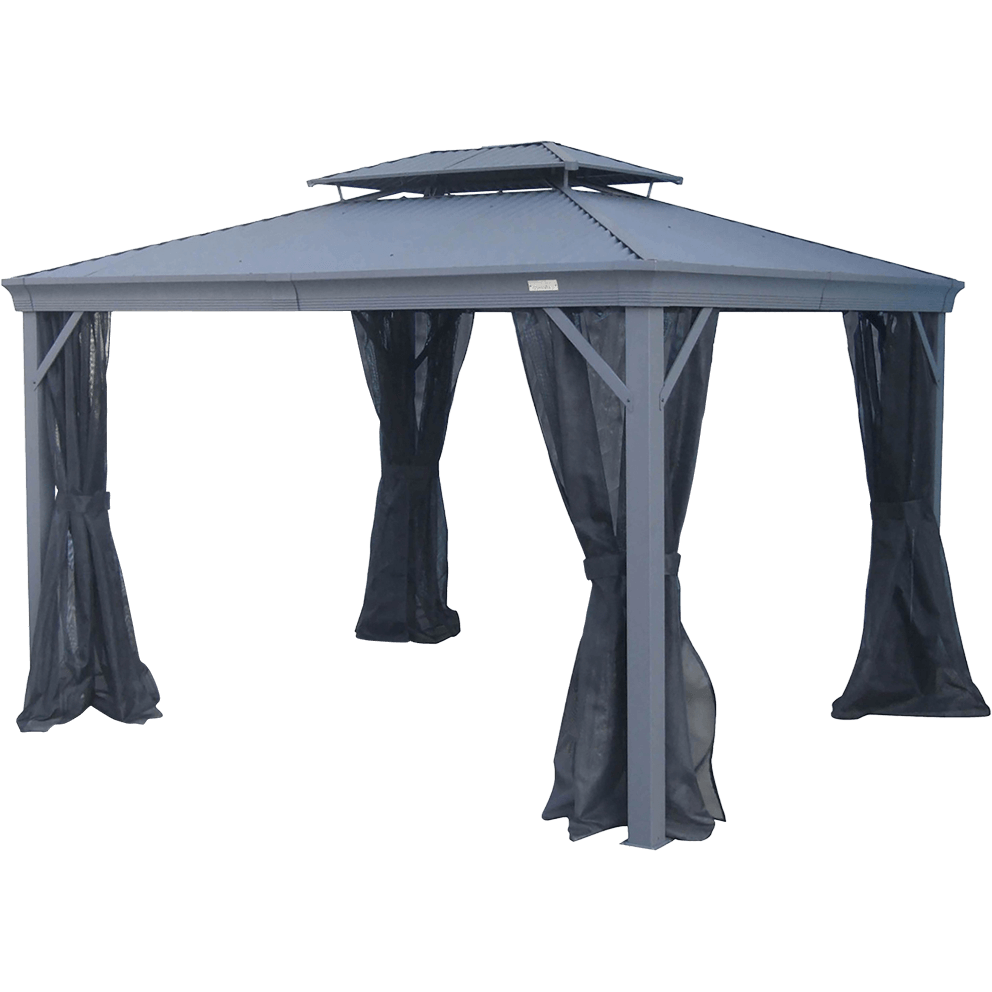 Front view of the Maestrale Gazebo displayed on a plain white background. The structure features a pitched grey Galvalume® roof with a raised vented tier for air circulation. Four aluminium square posts with decorative base covers support the frame, while sheer black mesh mosquito netting hangs loosely down each side and is tied back against the posts. The clean front-facing angle highlights the gazebo’s symmetry, contemporary style, and sturdy construction.