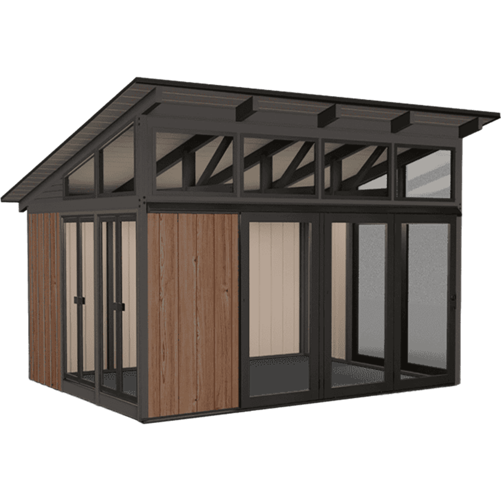 Front angled view of the Oslo Gazebo, featuring a modern single-pitched roof design with a dark aluminum frame, tall glass windows running along the upper section, and sliding glass doors at the front. The exterior combines vertical wooden panels on the side walls with framed glass, creating a balance of natural wood and sleek contemporary styling.