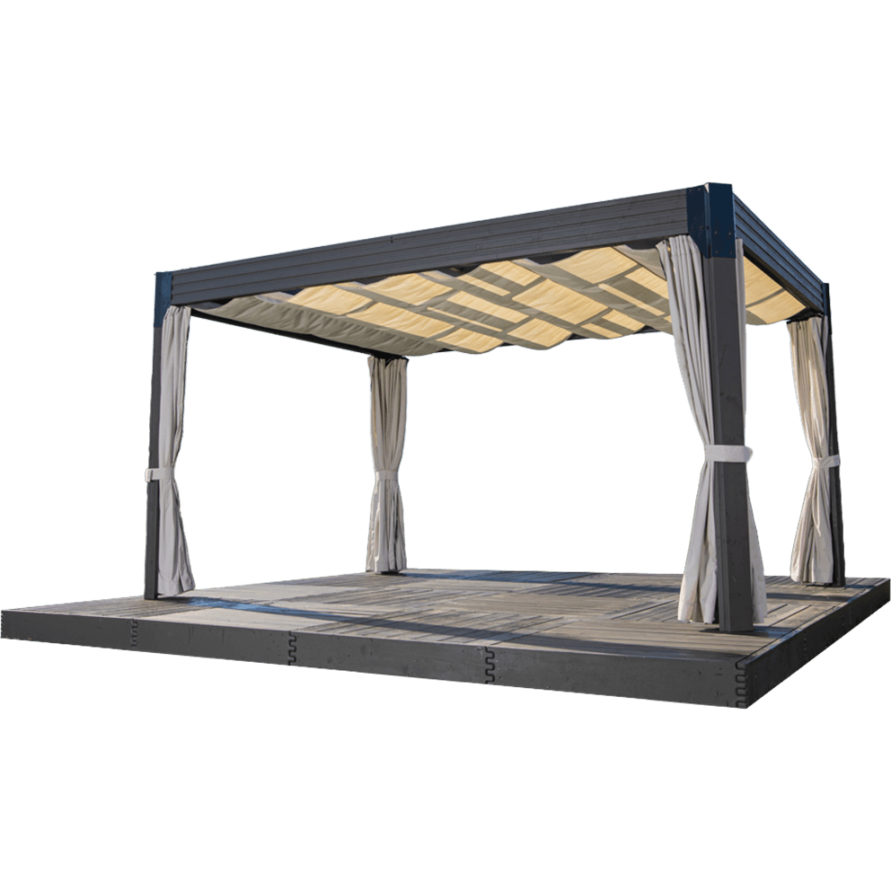 Transparent background rendering of the Palmera Gazebo shown from the front, featuring four sturdy dark grey posts with cream-coloured curtains tied back at each corner. A retractable cream sunshade canopy stretches across the roof beams in soft waves, highlighting the clean, modern rectangular frame without any surrounding scenery.