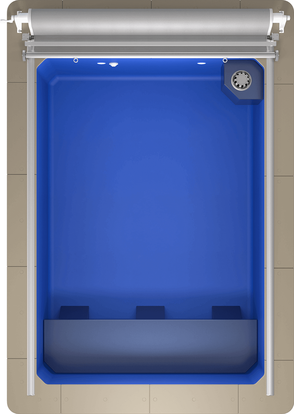 Top-down view of the Endless Pools Plunge Prime Therapy Pool, showing the full rectangular layout. The beige coping borders the bright blue interior, with the white slatted cover roller spanning the top width. On the far right corner, the water circulation housing protrudes inward. Along the bottom end, three evenly spaced bench seating sections are integrated into the interior, moulded in the same blue material.