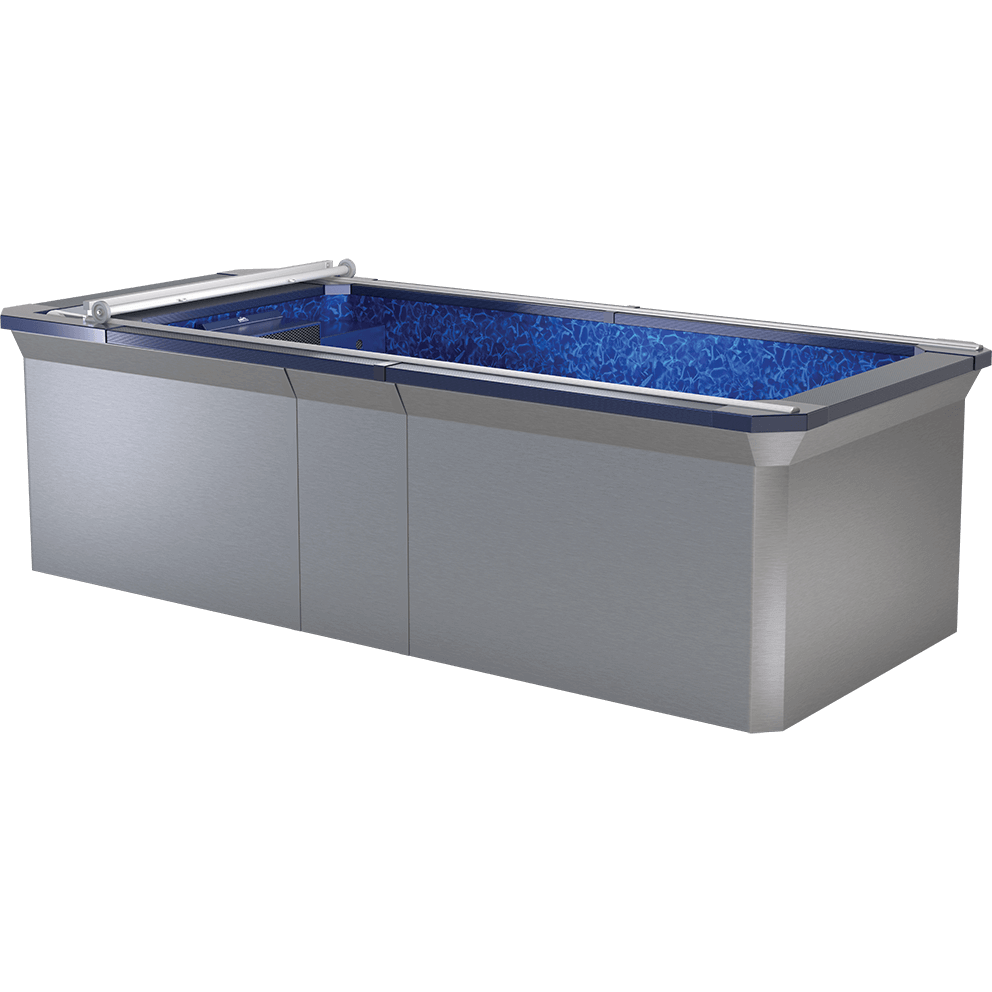 Front angled exterior view of the Endless Pools SP105 Modular Pool, featuring a modern brushed stainless steel outer cabinet. The upper coping edge is a dark navy-blue trim framing the bright blue water-pattern liner inside. The pool’s sleek rectangular shape is supported by modular panel sections with subtle vertical seam lines. A partially rolled silver automatic cover sits at one end, integrated into the top coping. The water surface inside reflects a vibrant blue hue, suggesting clean and well-lit conditions.