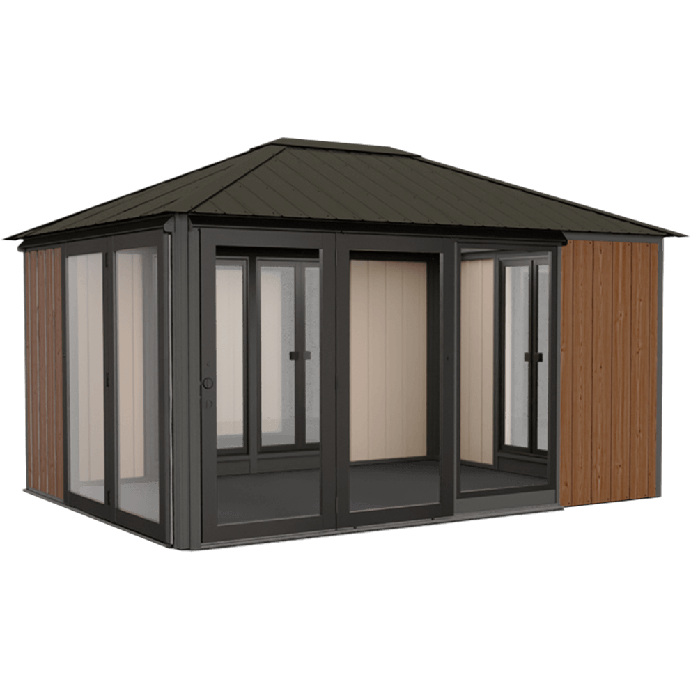 Transparent background product render of the Sofia Gazebo, a rectangular structure with a dark four-sloped steel roof, wide double sliding glass doors on two adjacent sides, and vertical wooden side panels on the other sides. The frame is black, and the gazebo stands elevated on a minimal base, with no surrounding scenery.