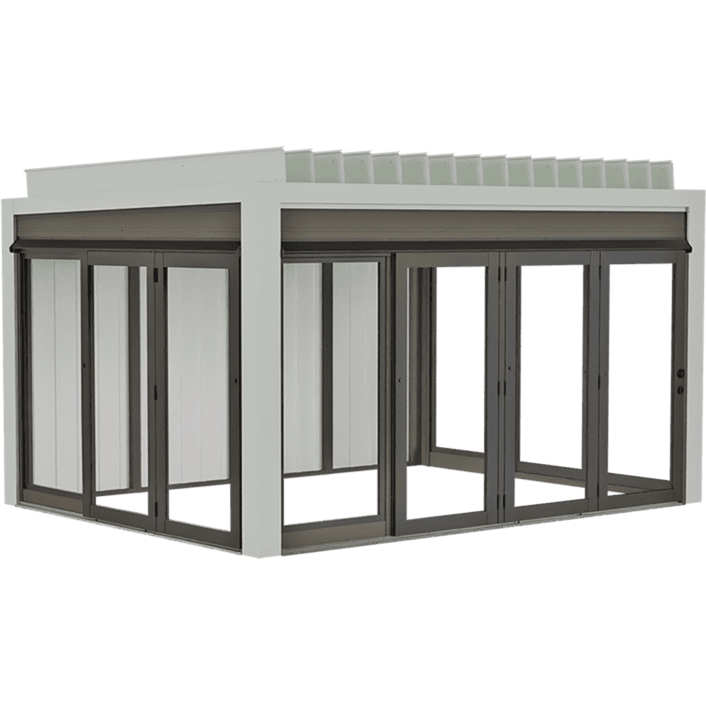 Transparent background rendering of the Stella Fully Enclosed Pergola, showing a rectangular outdoor structure with a white powder-coated aluminium frame, full-height sliding glass doors in black frames on two adjacent sides, and solid opaque white wall panels on the remaining two sides. The flat roof is fitted with evenly spaced horizontal metal louvres extending across the entire top surface, supported by a robust rectangular perimeter frame.