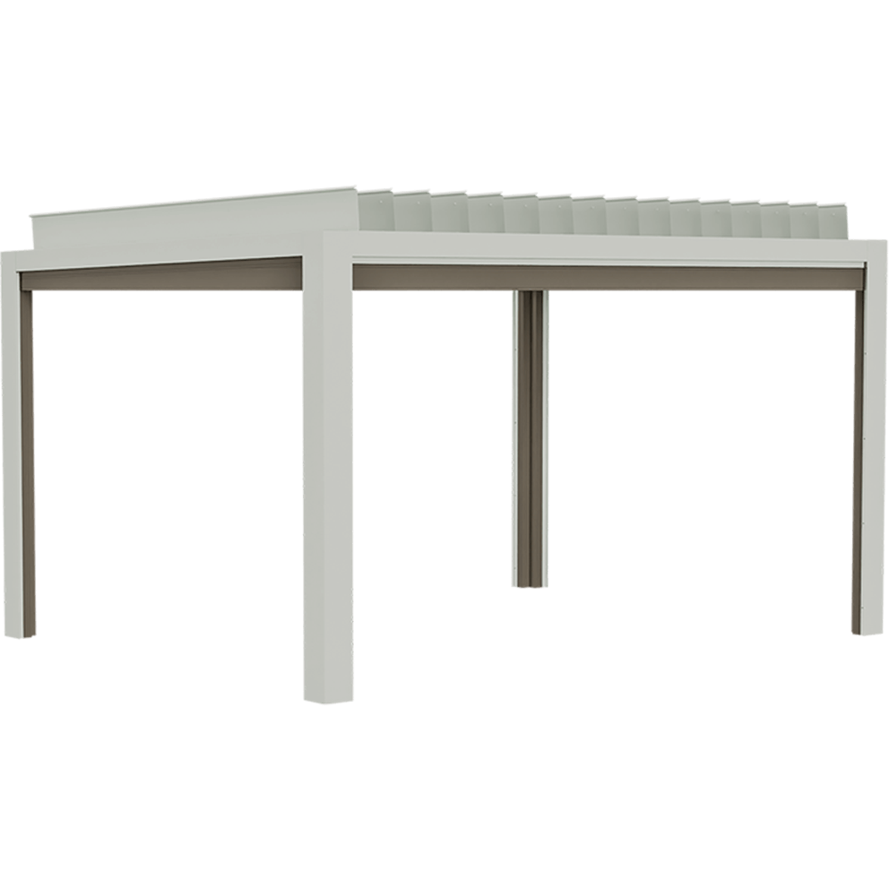A standalone rendering of the Stella Open Air Pergola with a clean white aluminium frame and integrated motorised louvre roof system. The pergola is displayed on a transparent background with no scenery or furnishings, showing only the structure itself. Its square frame is supported by four straight posts, and the louvred roof panels are shown in a partially open angled position for ventilation.
