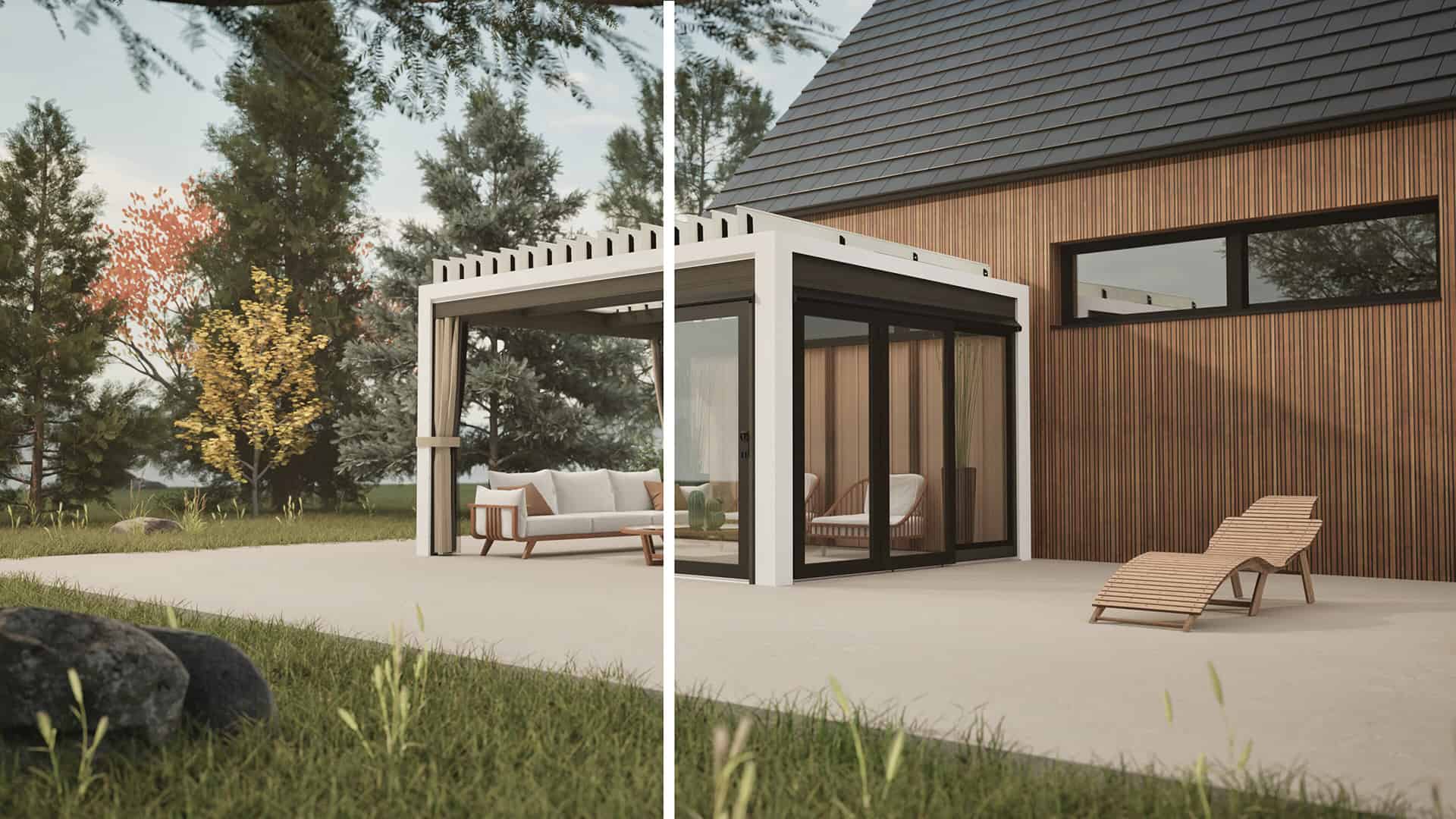 Side-by-side comparison of the Stella Pergola in two versions: Open Air on the left and Fully Enclosed on the right. The Open Air model shows a freestanding white and black pergola with exposed vertical supports and open sides, containing a modern outdoor sofa with cream cushions and wooden armrests, positioned on a patio against a backdrop of tall trees with autumn foliage. The Fully Enclosed version on the right shows the same pergola design attached to a wood-panelled house wall, with transparent sliding glass panels enclosing all sides. Inside are cream cushioned chairs with wooden frames, and in front of the pergola two wooden wave-shaped lounge chairs rest on the patio. The split composition highlights the structural difference: open framework versus enclosed sliding glass walls for year-round adaptability.