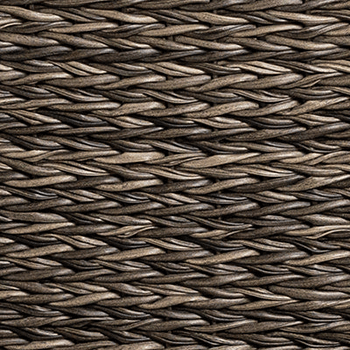 Close-up image of the "Smoke" wicker weave used in the Asheville Furniture Collection. The weave consists of tightly interlaced synthetic rattan strands in varying shades of brown, charcoal, and earthy grey tones, creating a textured, hand-woven appearance. The material has a matte finish and a natural woodgrain effect, showcasing a repeating horizontal pattern that mimics traditional wicker furniture. This synthetic weave is designed for outdoor durability and weather resistance while maintaining a classic and elegant look.