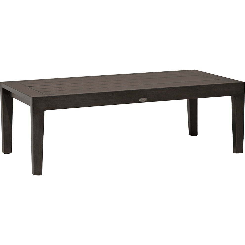 Outdoor Asheville Furniture Collection rectangle coffee table shown in angled view, crafted from durable dark brown cast aluminium with realistic wood-grain effect. The rectangular tabletop features evenly spaced slats framed by a smooth border, supported by four straight, slightly tapered legs. Its clean, modern lines make it ideal for holding drinks, appetizers, or decor in a patio seating arrangement.