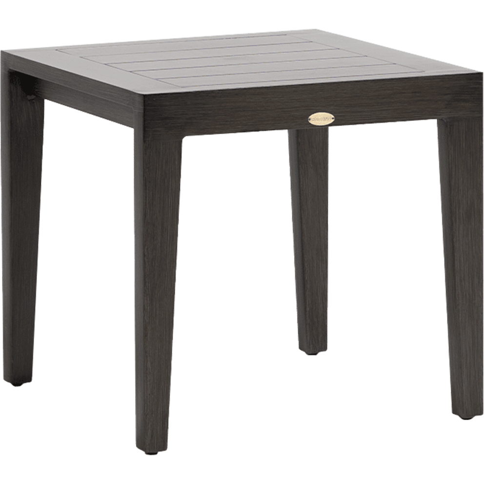 Angled front-side view of the Asheville Square Side Table from the Asheville Furniture Collection, showcasing its clean, modern silhouette. The table features a dark resin frame with a wood-like texture, four tapered legs, and a square tabletop made up of evenly spaced horizontal slats. The compact 23-inch by 23-inch by 22-inch design highlights its suitability as a versatile outdoor side table, perfect for placing drinks, décor, or accessories next to deep seating furniture in a stylish backyard setting.