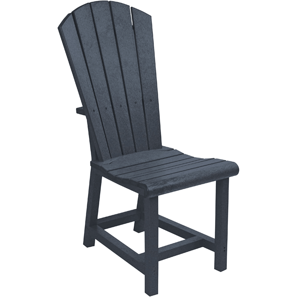 Slate grey Addy Dining Chair from the CRP Bar Collection shown at an angled view. The chair features a tall, slightly reclined Adirondack-inspired backrest with five wide vertical slats that curve gently at the top into a rounded peak. The seat is flat with slightly contoured front slats for comfort, supported by four sturdy square legs connected with horizontal stretchers for stability. The open side frame shows precise joinery with exposed hardware, highlighting durability. The chair’s clean, modern rustic design combines traditional Adirondack styling with a streamlined dining profile, making it suitable for outdoor casual dining or entertaining.