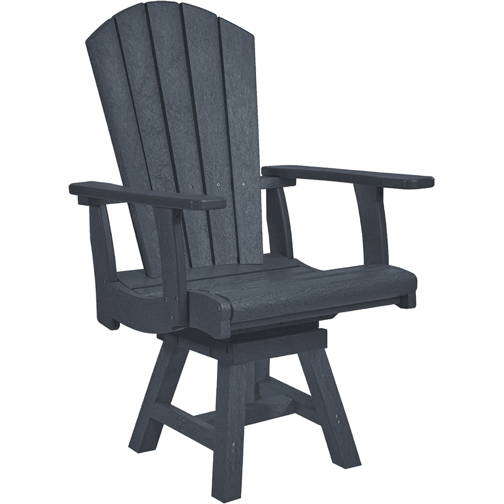 Slate grey Addy Swivel Dining Arm Chair from the CRP Bar Collection, shown at an angled view. The chair features a tall, fan-back design with six wide vertical slats, flat armrests, a contoured seat for comfort, and a sturdy four-leg base with cross-support beams. The chair includes a swivel mechanism above the legs, allowing a smooth 360-degree rotation. Constructed from durable recycled plastic in a textured slate grey finish, the chair is designed for both style and long-lasting outdoor performance.