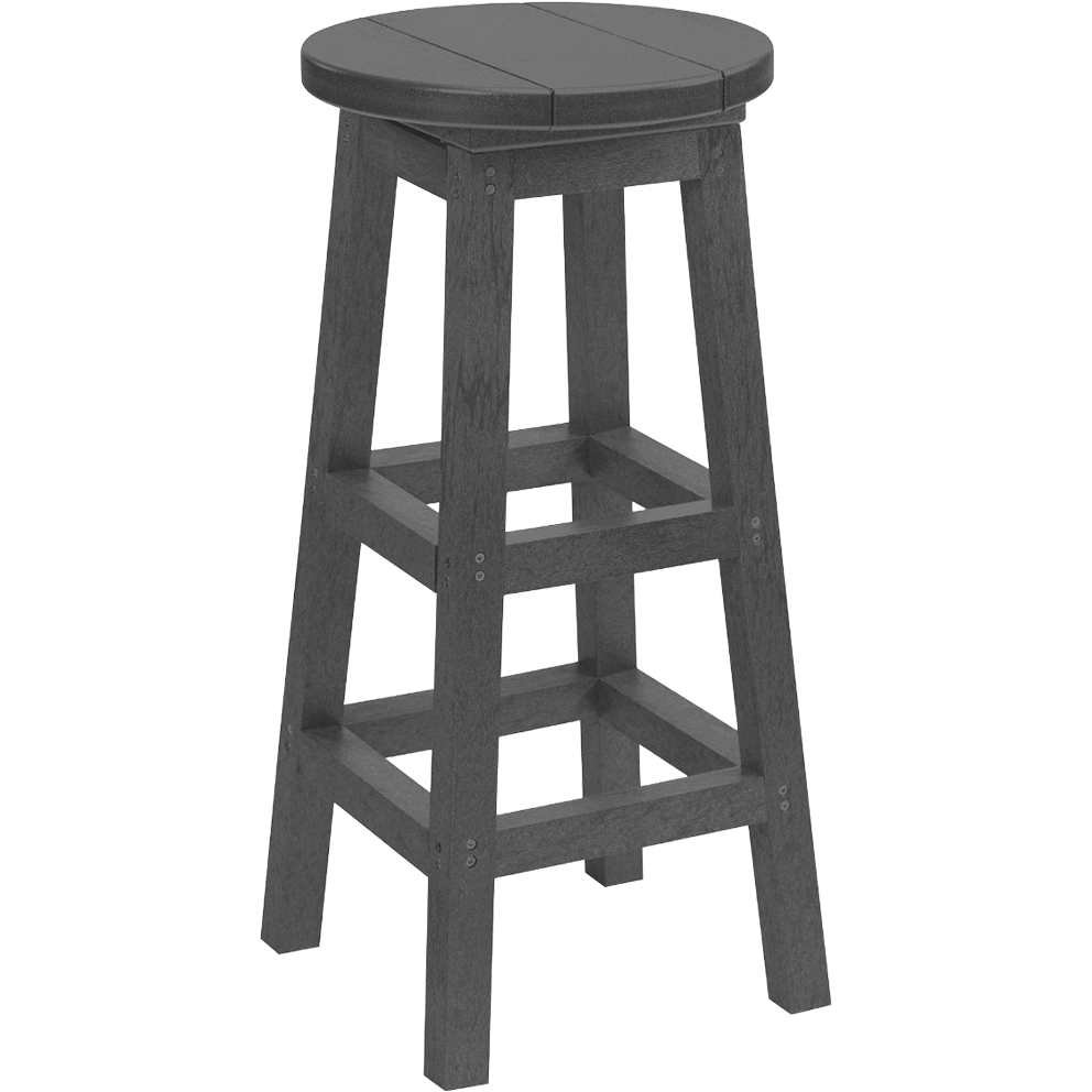 Backless Bar Stool from the CRP Bar Collection, shown in a slate grey finish. The stool features a round, flat seat crafted from two wide slats with subtle wood grain texture. Its four sturdy legs angle slightly outward for stability, reinforced with two levels of square cross-bracing arranged in a box frame. Silver fastening screws are visible at the joints, highlighting its durable, commercial-grade construction. The clean, backless design combines modern functionality with long-lasting style, making it ideal for casual dining, entertaining, or family gatherings.