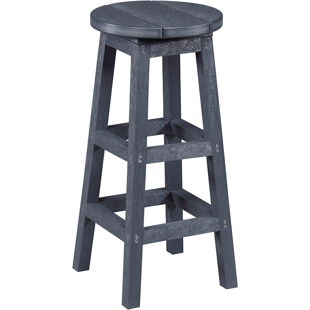 Slate grey Capterra Bar Counter Stool from the CRP Bar Collection shown at an angled view. The stool features a round, slatted seat with a slightly textured finish and a sturdy four-legged frame. Each leg is reinforced with horizontal support bars, creating two footrest levels for comfort and stability. Visible hardware details highlight its durable, commercial-grade construction. The design balances clean lines with practical strength, making it suitable for both residential and heavy-use outdoor or commercial settings.