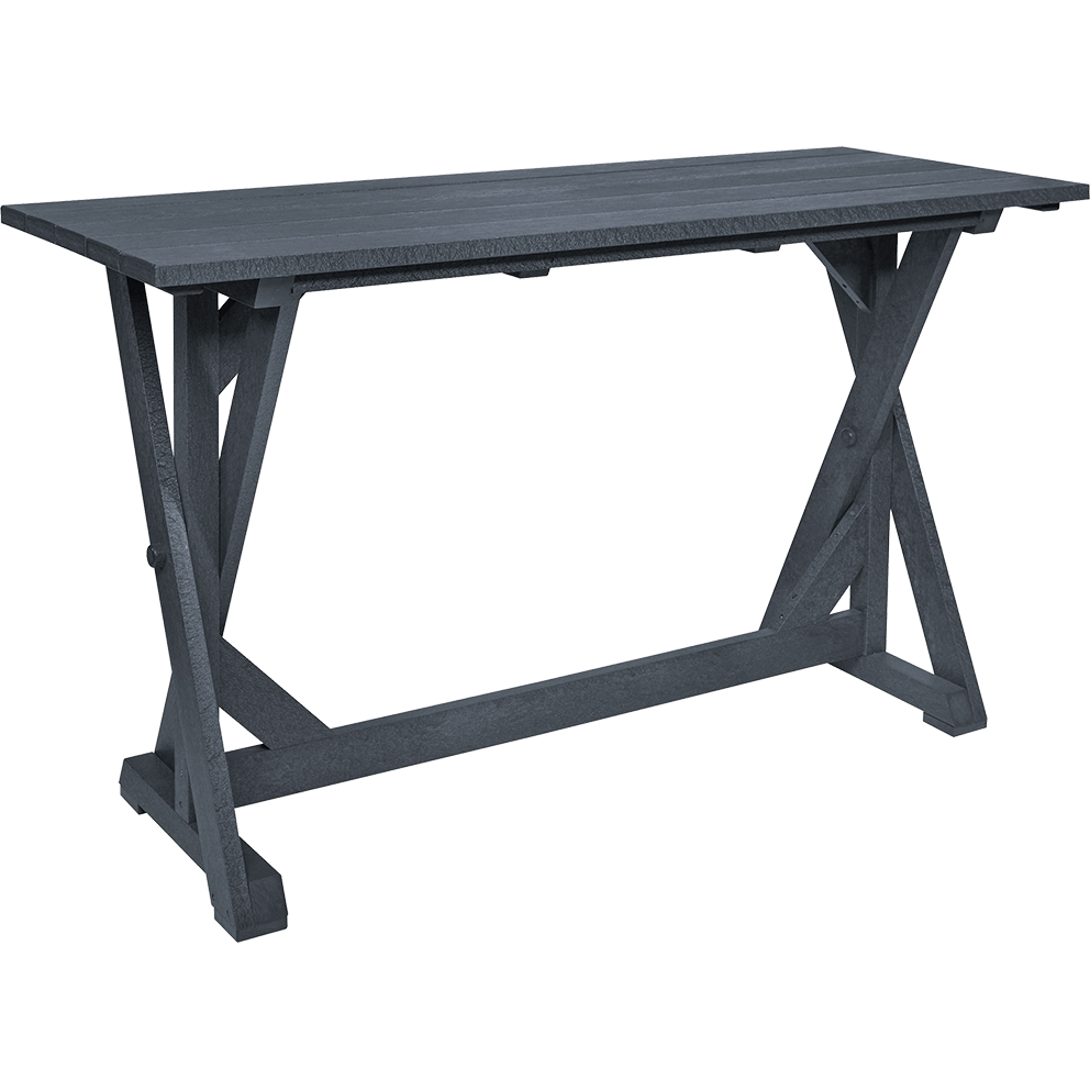 Slate grey CRP Harvest Bar Table from the CRP Bar Collection, photographed against a transparent background at an angled view. The table features a wide, rectangular top with visible wood-grain texture and clean, straight edges. Two sturdy trestle-style legs support the surface, each designed in an “X” formation reinforced by diagonal braces for extra strength. A horizontal stretcher runs across the bottom, connecting both ends of the frame for stability. The design blends traditional farmhouse style with modern clean lines, intended to comfortably seat 6 to 8 people. The durable, slate grey recycled plastic lumber construction is weather-resistant and built for both residential and heavy commercial use.