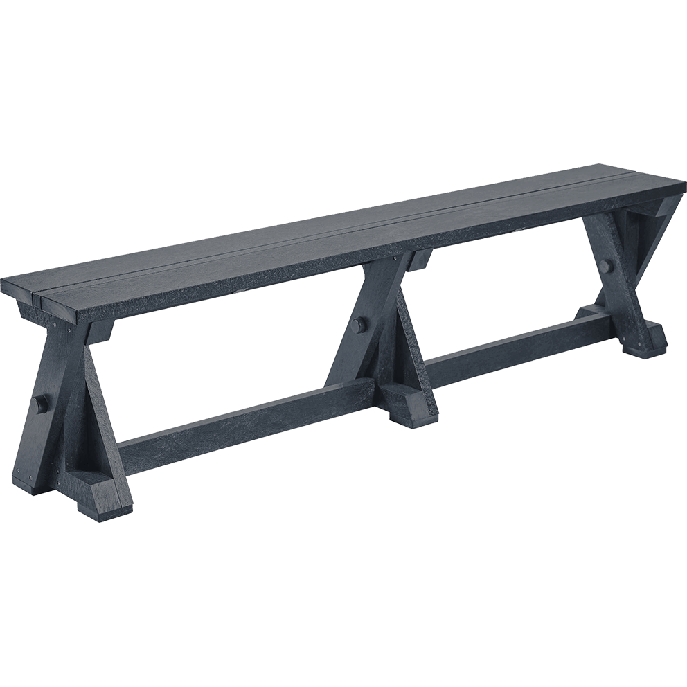Slate grey Harvest Dining Bench from the CRP Bar Collection, shown at an angled view. The bench has a long, narrow rectangular seat supported by two X-shaped trestle legs with sturdy diagonal braces and thick block feet for stability. Each end is reinforced with large circular bolts, highlighting its heavy-duty design. The textured recycled plastic surface resembles natural wood grain, making it durable and weather-resistant for outdoor dining. This 72-inch by 12-inch bench comfortably seats multiple guests and adds a modern yet rustic style to any patio or commercial bar setting.