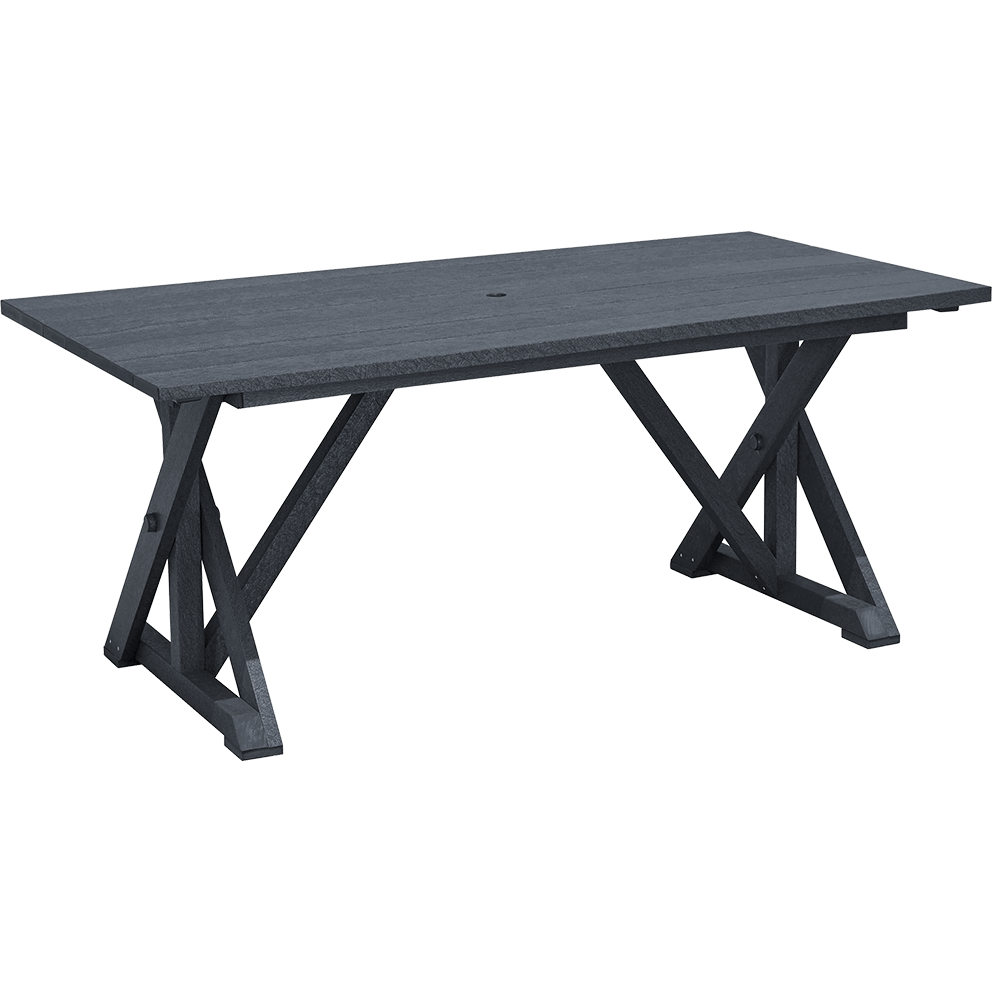 Slate grey Harvest Wide Dining Table from the CRP Bar Collection shown at an angled view. The table has a long, rectangular plank-style top with a smooth surface and a central umbrella hole. Its base features a double trestle-style support system with X-shaped bracing on each end for enhanced stability. The wide table comfortably accommodates seating for six to eight people, combining contemporary lines with traditional craftsmanship. The durable recycled plastic material mimics the texture of natural wood while ensuring longevity in outdoor or commercial settings.