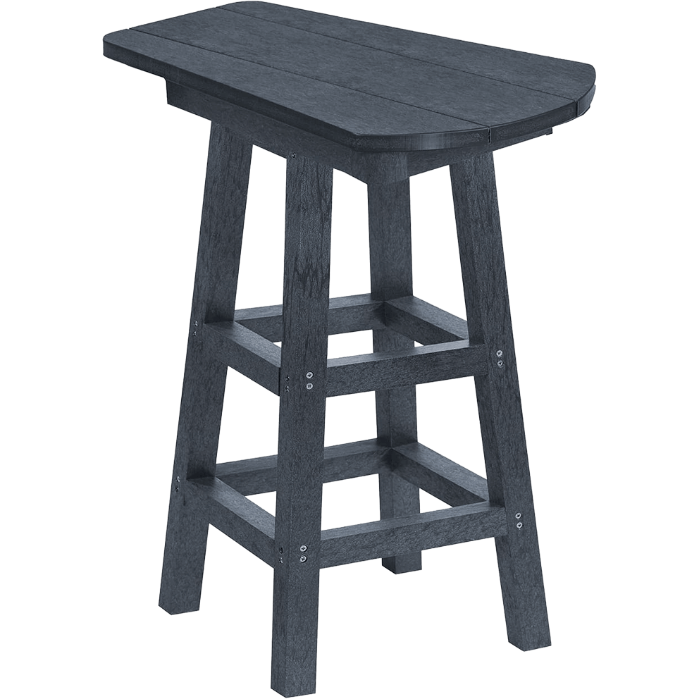 Slate grey CRP Pub Height Small Table from the CRP Bar Collection, shown at an angled view. The table has a narrow rectangular top with gently rounded short ends and visible wood-grain texture. It is supported by four straight legs connected with dual cross-brace footrests and side supports for added stability. The compact, elevated design is intended to match pub height chairs, providing a convenient surface for drinks or plates, making it ideal as a companion table for outdoor casual dining and conversation settings.