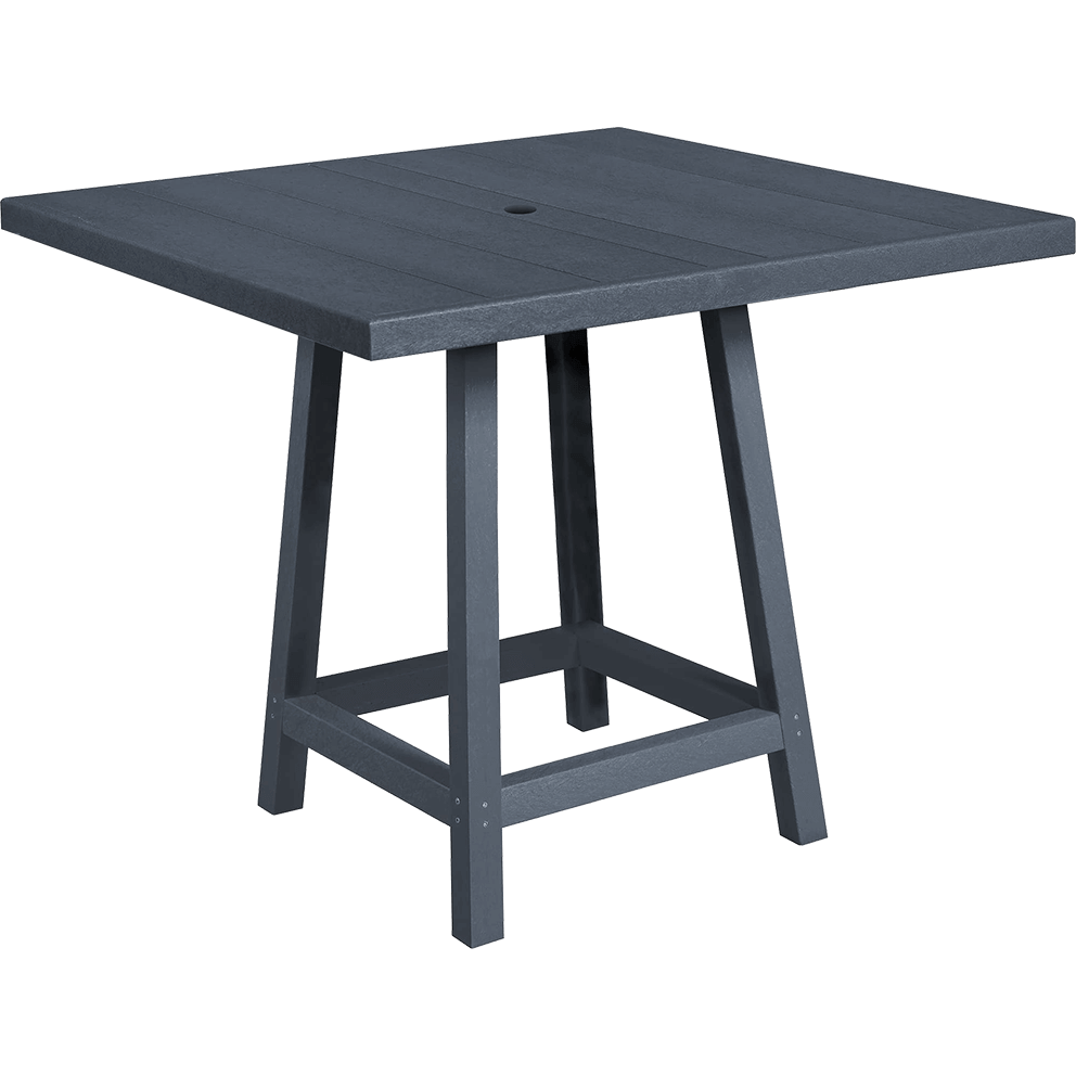 Slate grey Square Pub Table from the CRP Bar Collection, shown at an angled view. The table features a smooth square tabletop with subtle plank detailing and a central umbrella hole for added versatility. Its four sturdy legs are reinforced with a square support frame near the base, giving the table stability and balance. The simple, modern design combines durability with clean lines, making it suitable for both residential backyards and commercial outdoor settings.