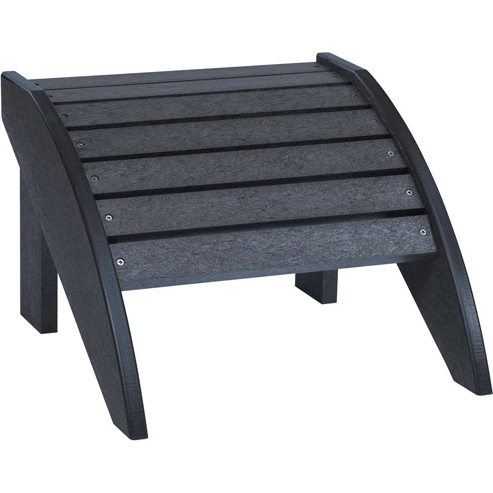 Slate grey CRP Bar Collection Standard Foot Stool shown at an angled view. The stool has a curved design with five horizontal slats forming the seat, secured with visible silver screws on each side. The slightly arched side panels extend down to form sturdy legs, adding a modern, supportive shape. Crafted from durable recycled plastic, the stool is weather-resistant and designed for comfort and longevity in outdoor use. The deep slate grey finish highlights the grain-like texture, blending functionality with contemporary outdoor style.