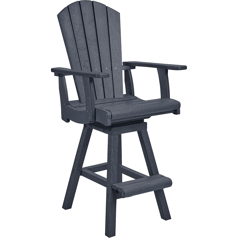 Slate grey Swivel Pub Arm Chair from the CRP Bar Collection shown at an angled view. The tall chair features a fan-back design with wide vertical slats, sturdy armrests on each side, a contoured seat, and a built-in swivel base that allows full 360-degree rotation. It stands on four square legs reinforced by crossbars, with a horizontal footrest bar at the front for added comfort. The durable, commercial-grade slate grey finish highlights its rugged yet elegant design, making it suitable for outdoor dining or bar settings.