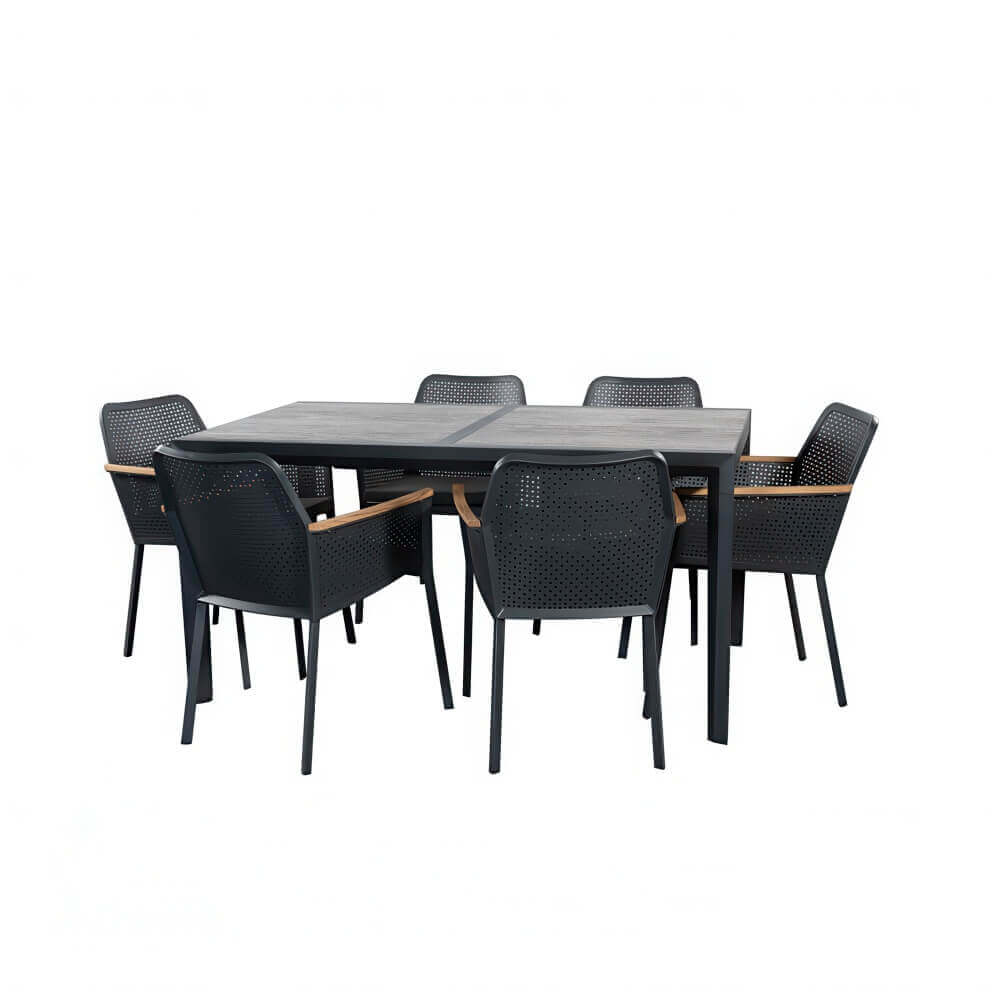 Complete Oslo Dining Collection dining set arranged against a white background, featuring a rectangular extension table with a dark grey powder-coated aluminium frame and wide ceramic tile tabletop in a weathered stone finish. Surrounding the table are six matching Oslo dining chairs with perforated backrests and armrests capped in natural-look wood accents, each fitted with a padded dark grey seat cushion for added comfort. The set demonstrates a modern minimalist design that combines clean lines with practical durability, intended for contemporary outdoor dining spaces.