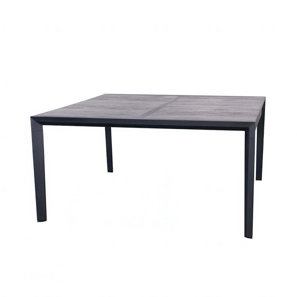 Slate grey Oslo Dining Collection Extension Table with sleek, modern design, featuring a square tabletop divided into two textured stone-effect panels. Supported by slim, matte black metal legs with sharp, angular edges, the table extends seamlessly for larger gatherings. Clean lines and minimalist styling make it perfect for both indoor dining and outdoor patio use, combining durability with Scandinavian-inspired elegance.