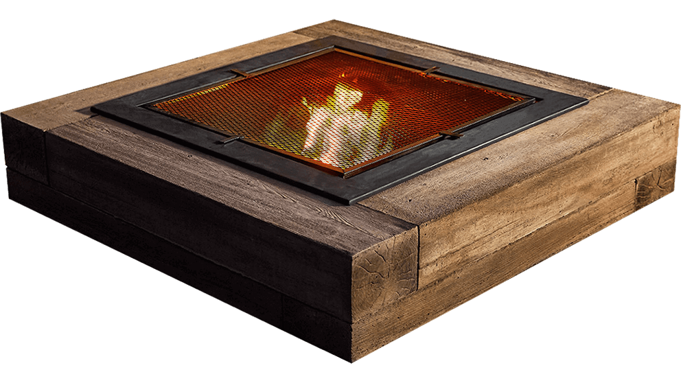 Studio image showing the Bridgewood Fire Pit from an angled view against a transparent background. The square fire pit is constructed from thick concrete blocks moulded to replicate the texture of natural wood, displaying realistic wood grain patterns, knots, and plank seams in rich cedar brown tones. The upper edge features a black metal spark arrestor and liner with a protective mesh screen that softly glows from the light of the flame beneath. Each block shows subtle tonal variation, giving the illusion of real timber while maintaining the strength of concrete. The Look and Feel of Wood in a Concrete Fire Pit.