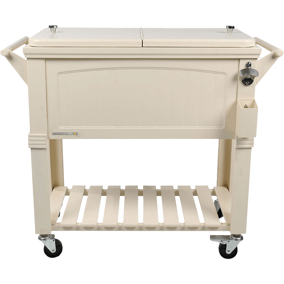 Front view of the Permasteel 80qt Furniture Style Cooler in a smooth beige finish. The cooler’s double-hinged lid, built-in bottle opener, and rectangular cap catcher tray enhance its elegant design. A decorative panel adorns the front face, while a wide slatted shelf below provides extra storage. Supported by four chrome caster wheels, the beige tone adds a neutral sophistication suitable for patios or garden gatherings.