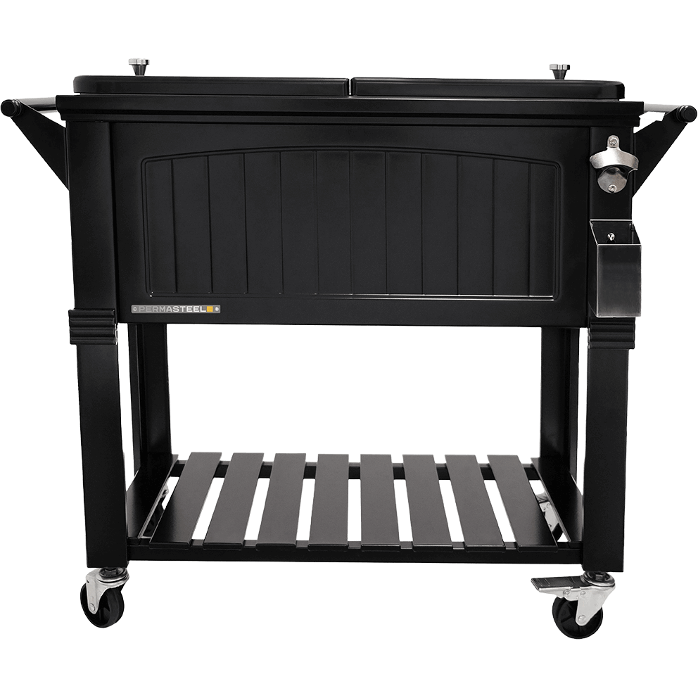 Front view of the Permasteel 80qt Furniture Style Cooler in matte black, featuring vertical panel accents and a double lid with chrome knobs. The built-in stainless steel bottle opener and cap catcher sit neatly on the right side. A slatted base shelf and four swivel caster wheels provide mobility and support. The sleek black finish gives the cooler a bold, refined presence ideal for modern outdoor entertaining.