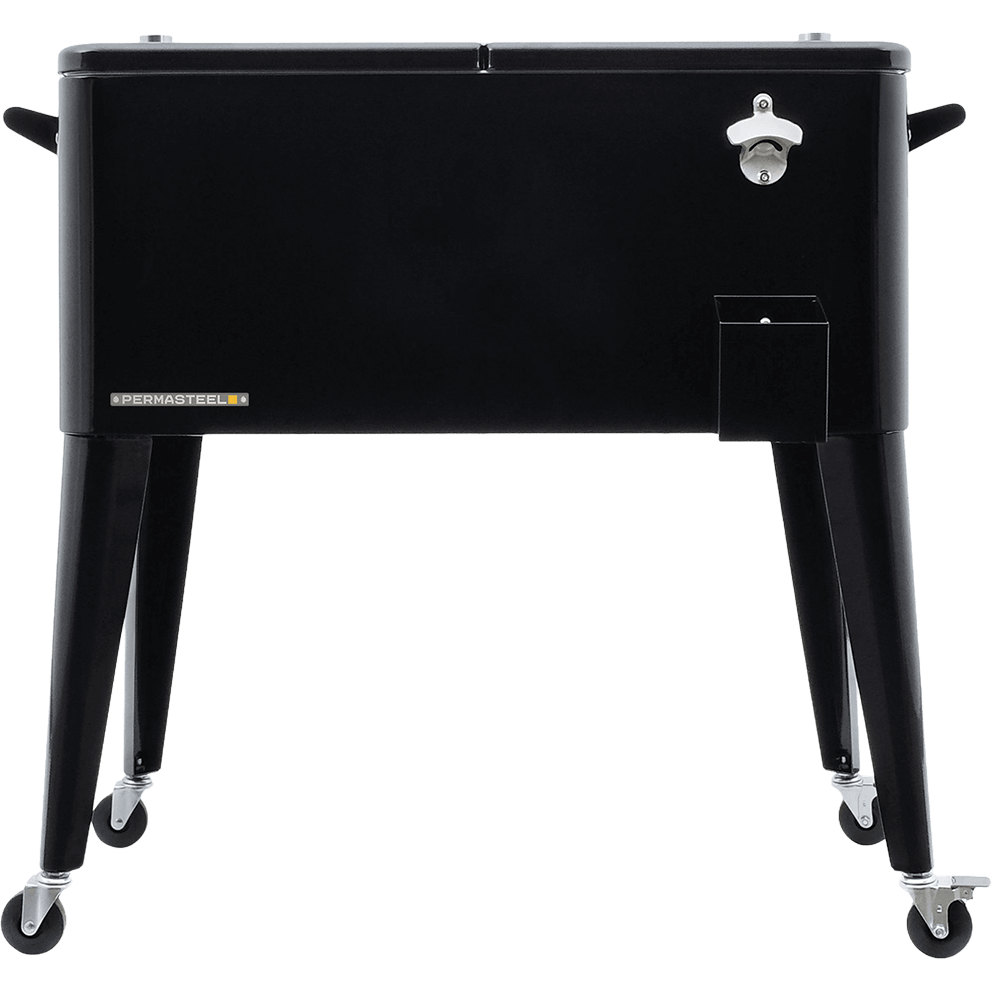 Front view of the Permasteel 80-quart cooler with wheels in a sleek black powder-coated steel finish. The design features a divided double-lid top, stainless steel bottle opener, cap catcher tray, and polished logo badge near the lower edge. Four angled legs with chrome casters support the rectangular cooler, blending modern style and durability for elegant patio or poolside entertaining.