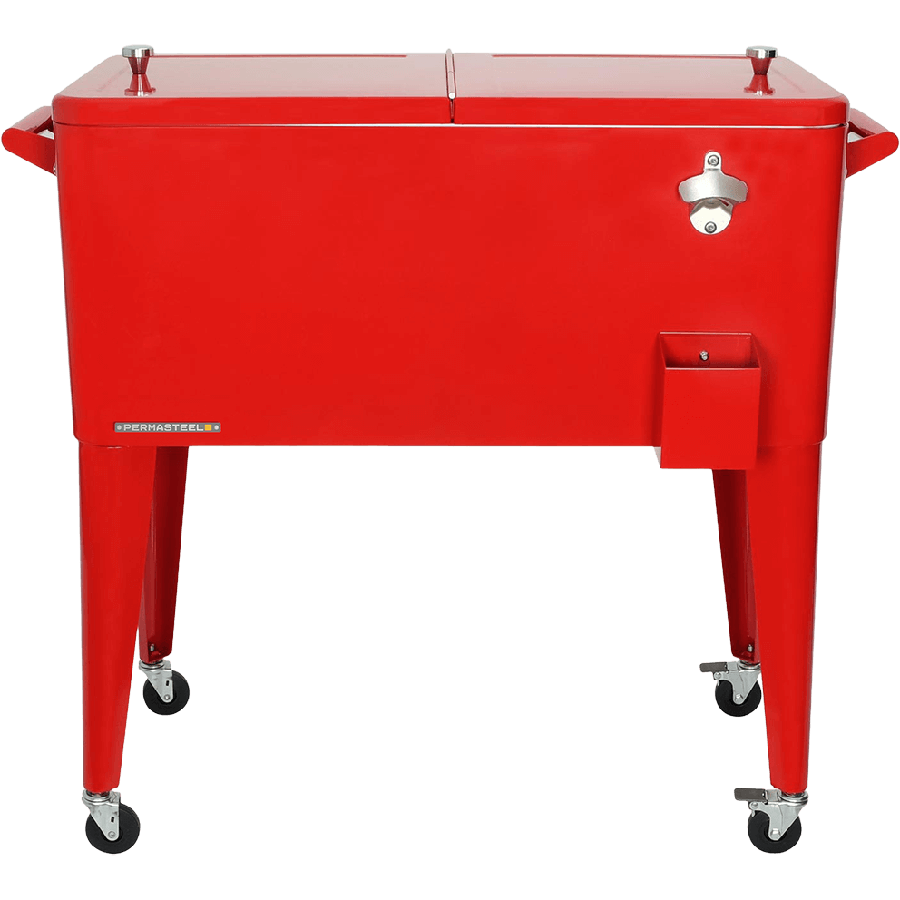 Front view of the Permasteel 80qt rolling cooler in a vibrant red powder-coated finish. The rectangular steel body sits atop four angled legs with chrome caster wheels for easy movement. A silver bottle opener and square cap catcher are built into the front right corner, while a smooth double-lid top provides convenient access. The bold colour and practical design make it an eye-catching addition to any outdoor entertainment area.