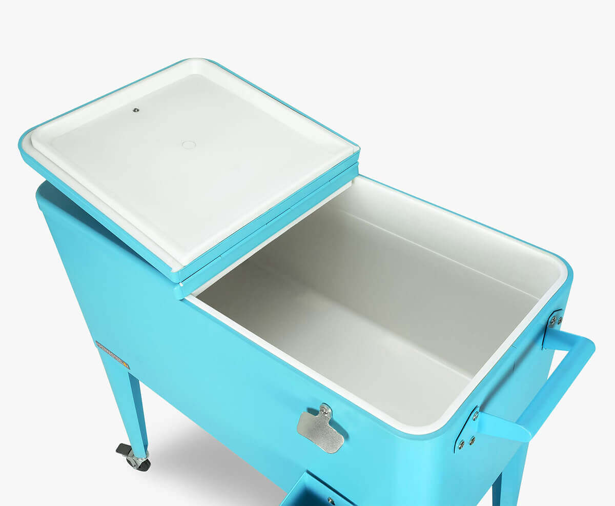 Top-down perspective of the Permasteel 80qt cooler in turquoise blue with one lid open, exposing the insulated white interior. The smooth double-lid top and rounded edges convey a streamlined design. The image emphasises the cooler’s generous storage capacity and ease of use, perfect for keeping beverages cold for long outdoor gatherings.