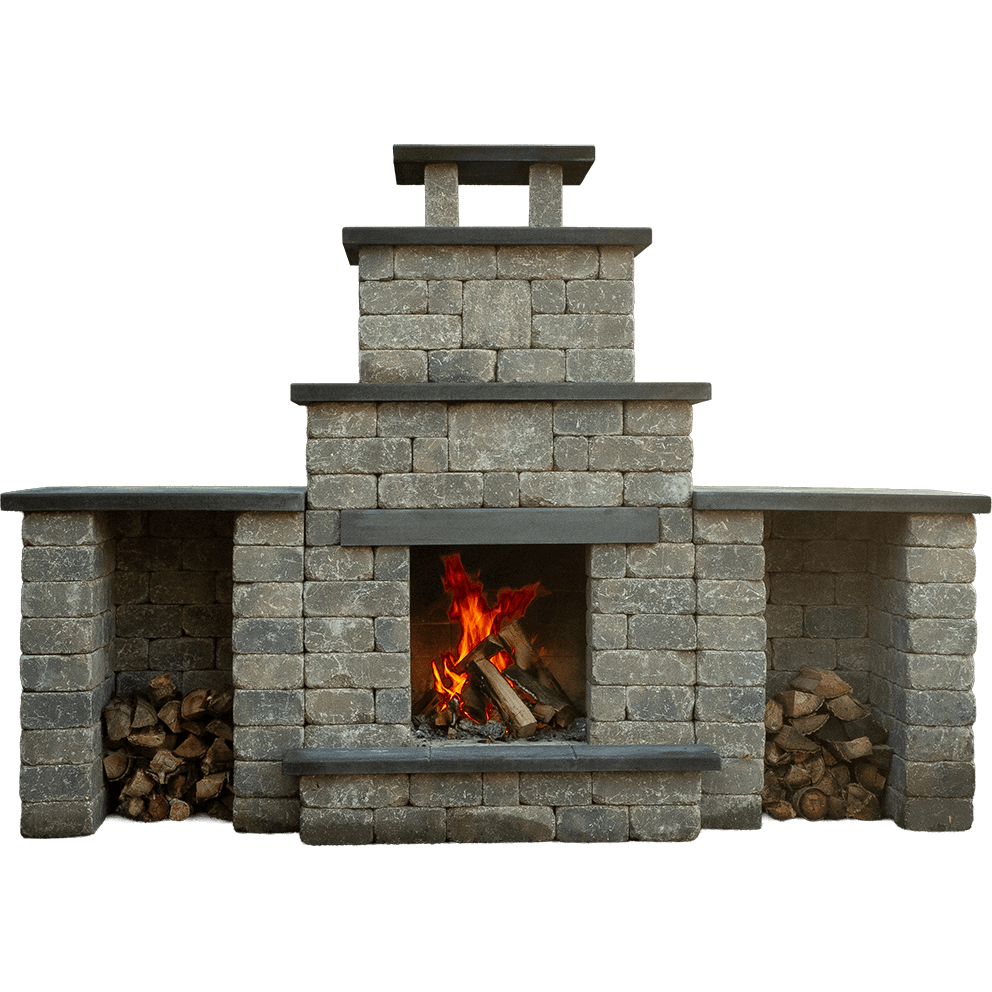 Front view of the Quarry Stone Compact Fireplace, showcasing its compact, symmetrical structure built from light grey concrete blocks with a natural stone texture. A black slate mantel runs across the centre, matching the darker chimney cap above. Bright orange flames flicker over neatly stacked logs in the open firebox, with twin log storage compartments built into each side for convenience and balance. Designed for smaller patios or urban spaces, this fireplace adds warmth, charm, and sophistication to any backyard, no matter the size.