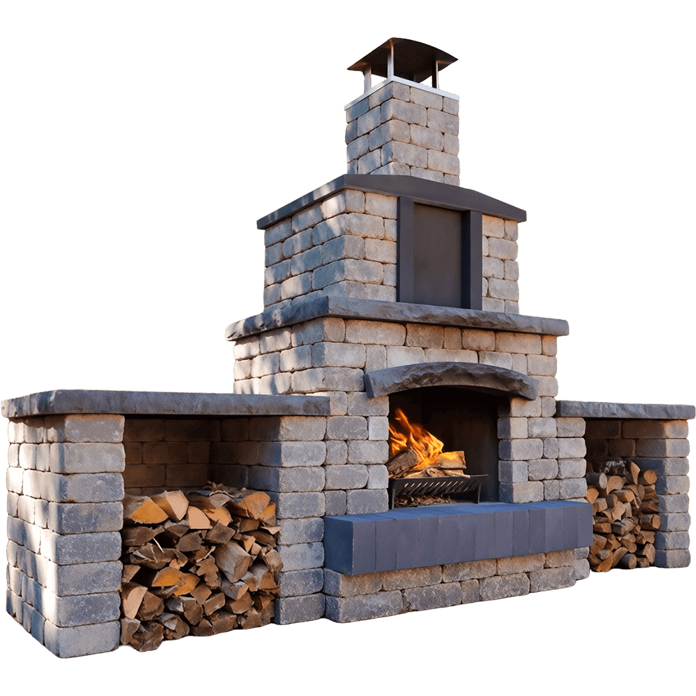 Angled front view of the Quarry Stone Fireplace, built from textured light grey concrete blocks with dark charcoal caps and a matching chimney top. A vivid flame glows in the arched firebox, resting on a raised hearth. Both sides include open log storage compartments stacked neatly with split firewood beneath smooth stone ledges. The symmetrical design and rugged stone detailing make this fireplace the perfect statement piece for entertaining outdoors, blending durability with timeless craftsmanship.
