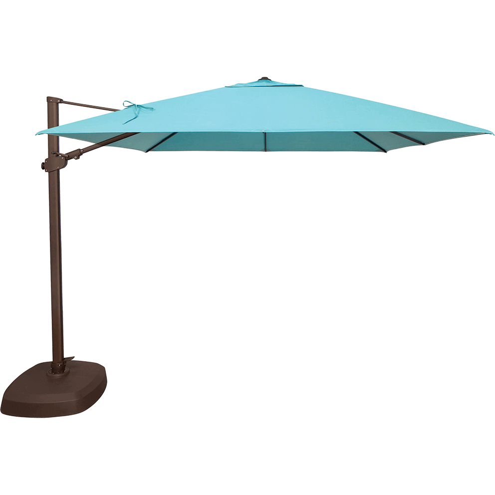 Studio side view of the AG25T Cantilever Umbrella with a turquoise blue canopy fully extended from its bronze mast. The offset base supports the umbrella’s cantilevered design, with the arm extending diagonally for optimal shade coverage. The square canopy’s crisp edges and even tension highlight its engineering precision and versatile aesthetic for outdoor living spaces.
