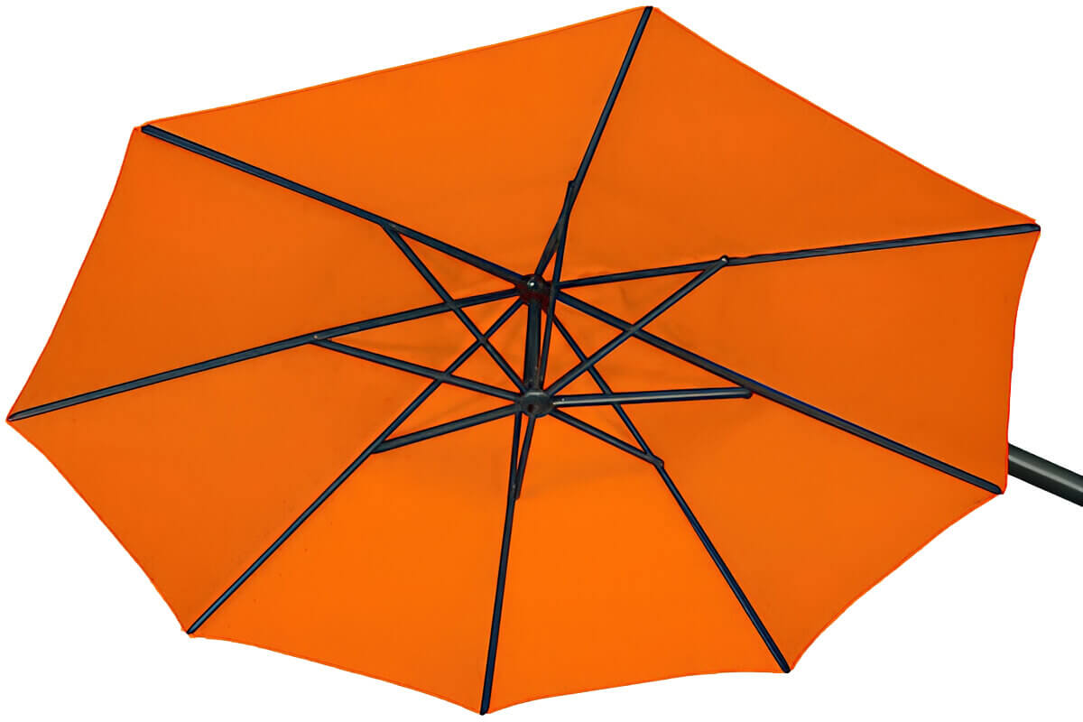 Top-angled view of the AG3 Suspension Umbrella showcasing its bright orange octagonal canopy supported by eight evenly spaced black steel ribs radiating from a central hub. The view highlights the precise rib alignment beneath the taut polyester fabric, demonstrating its durable construction and strong wind-resistant framework. The orange canopy surface reflects light softly, showing the umbrella’s vibrant tone and symmetrical shape.