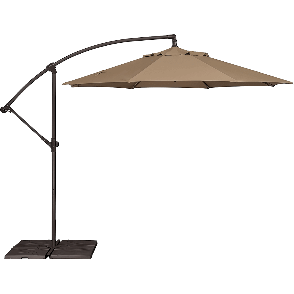 Studio side view of the AG3 Suspension Umbrella featuring a soft champagne-beige octagonal canopy held by a sleek, curved black aluminum cantilever frame. The umbrella extends from a side-mounted vertical mast, anchored securely on a flat rectangular weighted base. The canopy’s smooth surface and eight subtle ridges define its clean structure, making it ideal for blending into neutral or natural outdoor décor styles.