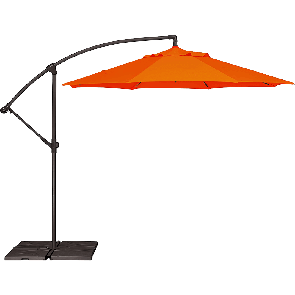 Studio side view of the AG3 Suspension Umbrella with a vivid orange octagonal canopy suspended from a black curved cantilever arm. The eight-rib structure evenly stretches the canopy’s edges, while the vertical aluminum mast stands firmly on a square resin base composed of interlocking sections. The design demonstrates the umbrella’s balance of bold colour and durable functionality, perfect for creating a vibrant shaded space on patios or pool decks.