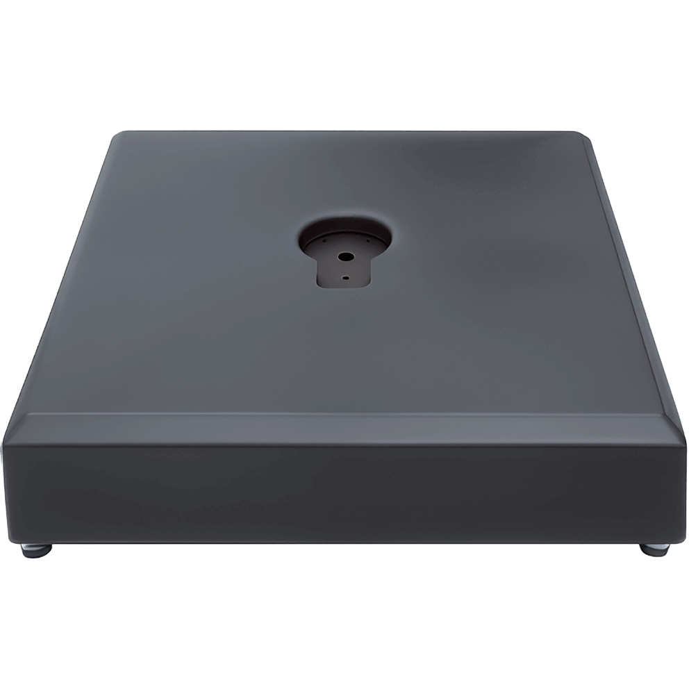 Front-facing view of the AKZ Sand-Filled Resin Base showing its smooth square lid with softly angled edges and a central circular mounting hole with a keyhole-style slot for the umbrella pole. The base has a sleek, modern design with minimal hardware visible, sitting on four discreet feet for stability. Its heavy-duty resin and steel construction are emphasised by clean lines and uniform matte finish, suitable for anchoring large outdoor cantilever umbrellas.