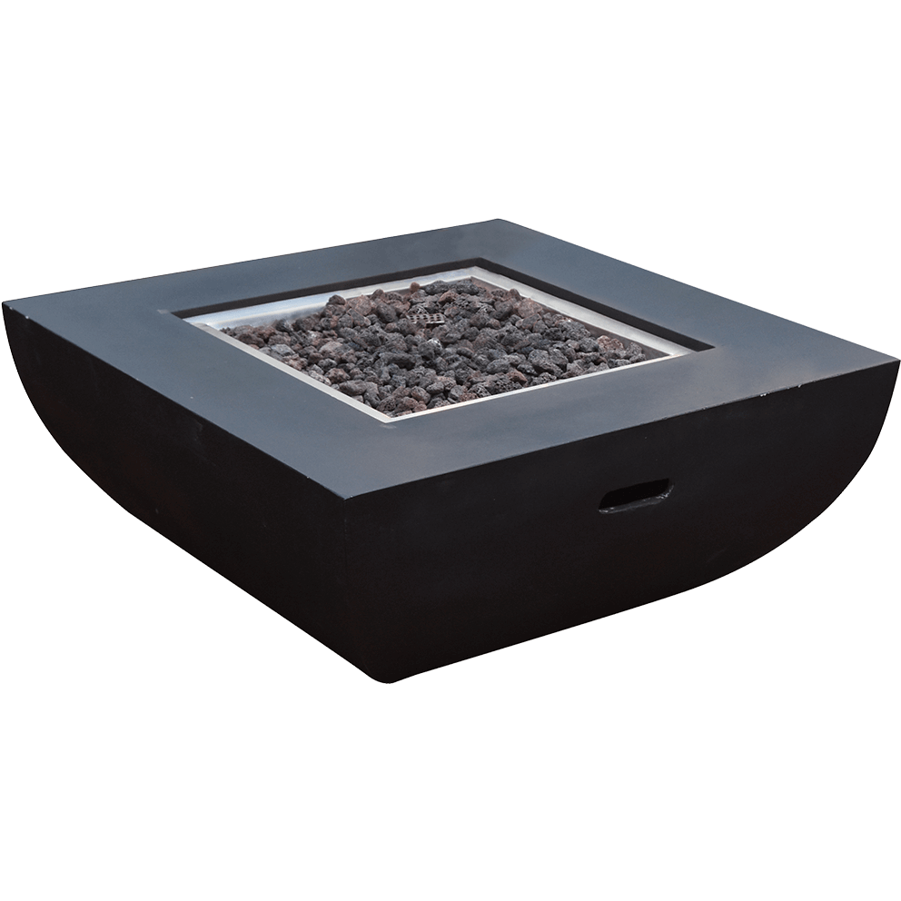 The Modeno Aurora fire table shown from an angled front view with the burner unlit. The square tabletop features a recessed burner pan filled with dark lava rock. The smooth black glass fiber reinforced concrete body curves slightly outward at the base and includes integrated side handles. The image emphasises the clean geometric shape and the matte finish of the table.