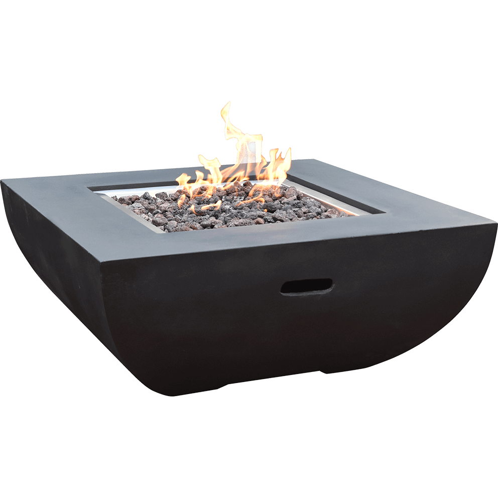 The Modeno Aurora fire table viewed from a front angle with the burner ignited. Flames rise from the centre of the recessed stainless steel burner above a bed of lava rock. The table’s smooth black concrete body features gently curved sides and built in handholds. The bright flame contrasts against the dark material, highlighting the fire table’s modern sculptural form.