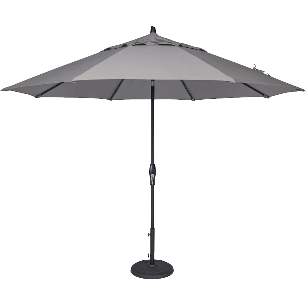 Front-facing studio view of the Auto-Tilt Market Umbrella showcasing its wide, octagonal canopy in a soft grey fabric, evenly stretched across eight subtle support ribs that angle gently downward for balanced shade coverage. The central pole is a sleek black aluminium shaft with a built-in auto-tilt crank handle positioned at mid-height, allowing effortless rotation and tilt adjustment as the sun shifts. The pole extends into a sturdy, round weighted base that provides stability while maintaining a clean, modern profile. The canopy’s smooth texture and precise geometric symmetry highlight the umbrella’s contemporary design, ideal for creating comfortable, shaded seating on patios, poolside areas, and garden lounges.